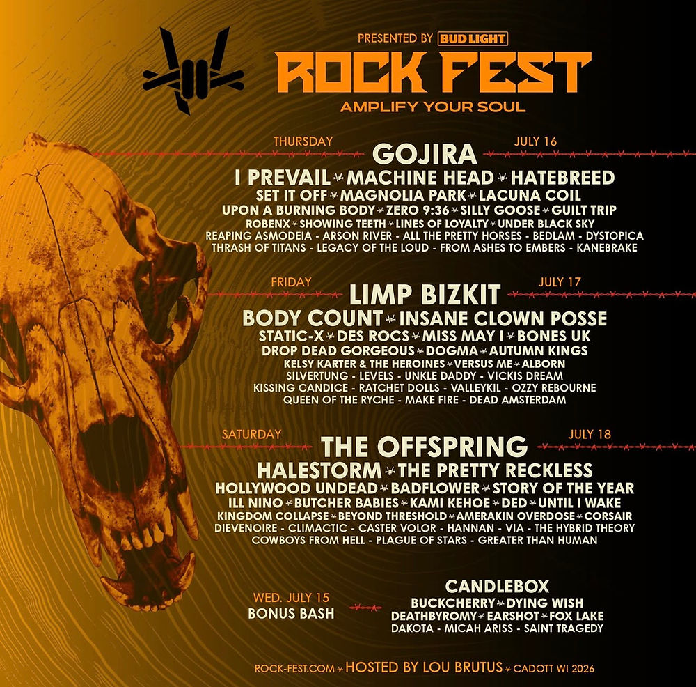 Rock Fest poster featuring band lineup including Gojira, Limp Bizkit, The Offspring. Yellow-orange skull and dark background. Hosted by Lou Brutus.