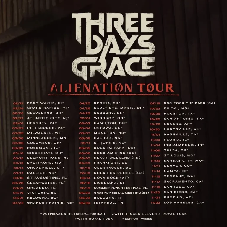 ROCK GIANTS THREE DAYS GRACE ANNOUNCE 2026 ALIENATION WORLD TOUR