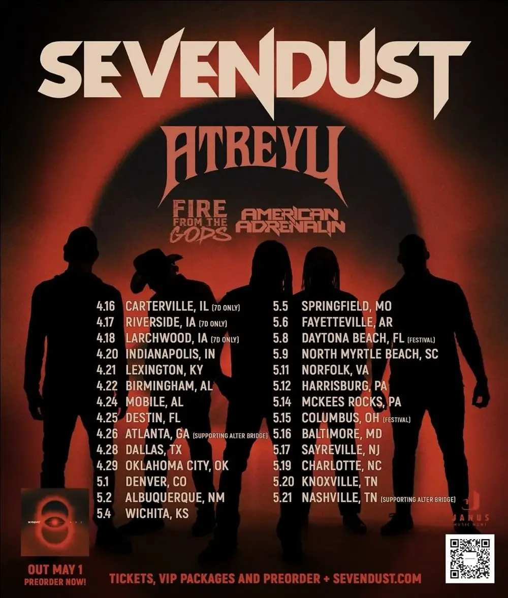 Silhouettes of band members on a red and black tour poster for Sevendust, listing various U.S. tour dates and supporting acts.