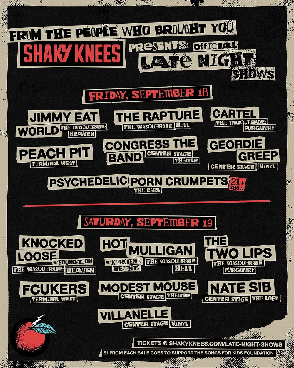 Poster for the official Shaky Knees 2026 late night shows, listing Atlanta venue performances on September 18 and 19.