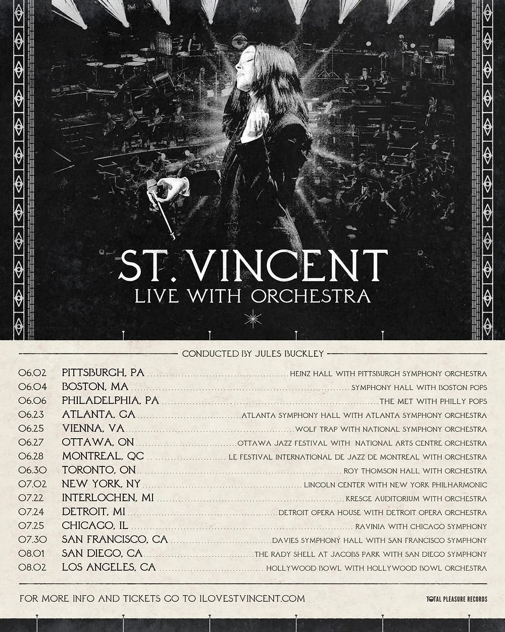 Black-and-white poster of a person on stage with an orchestra. Text: ST. VINCENT LIVE WITH ORCHESTRA. Tour dates and cities listed below.