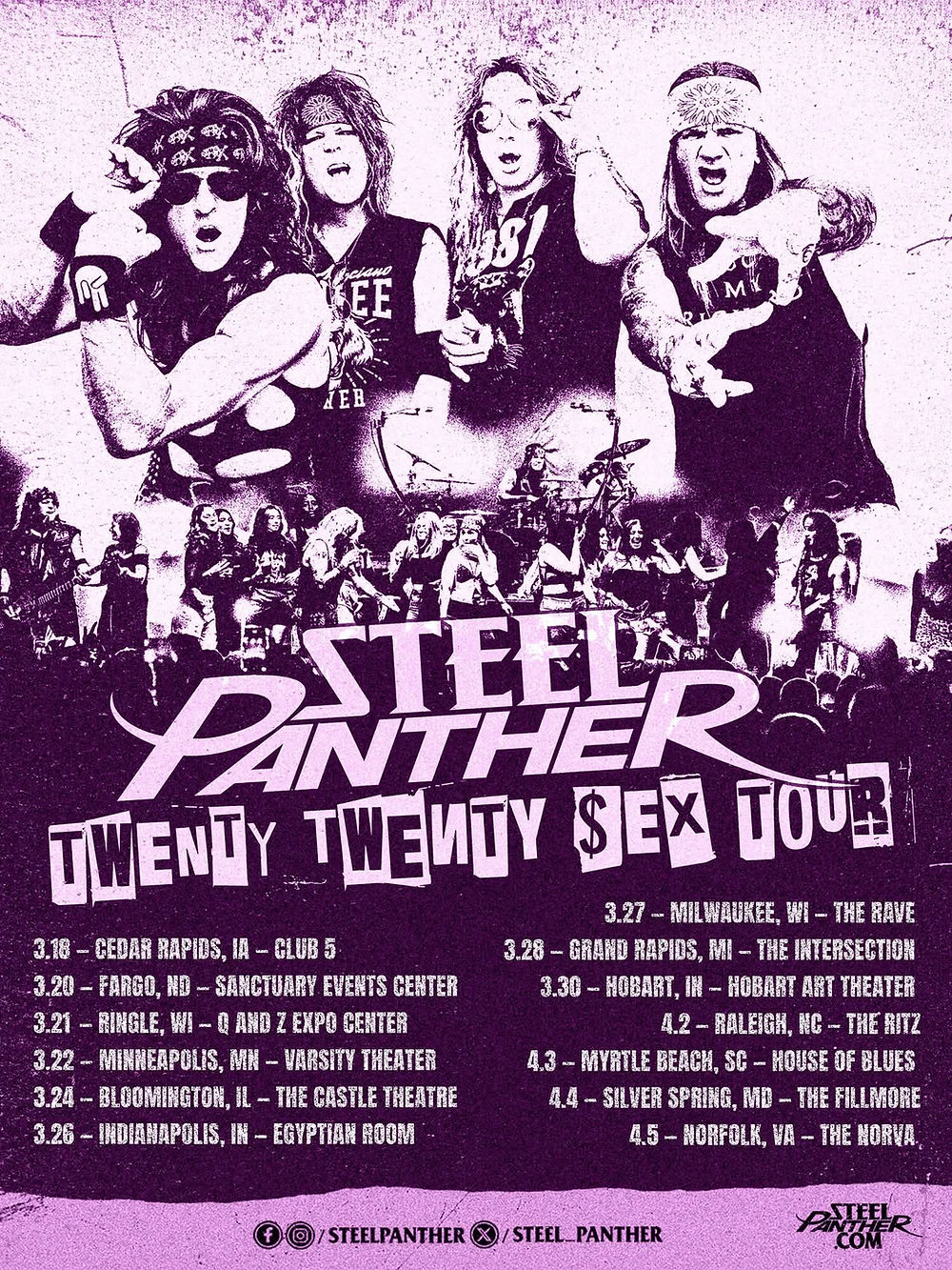 Band members posing with instruments in a purple-themed Steel Panther tour poster. Dates and venues listed below. Energetic rock vibe.