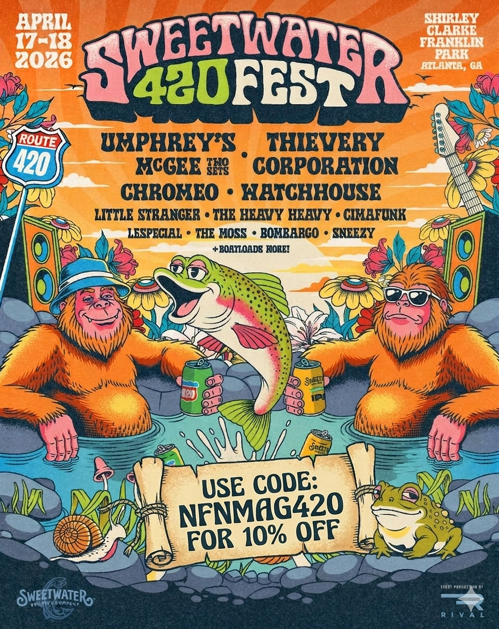 Sweetwater 420 Fest poster with orange gorillas, a fish, and a frog in a pool. Festival details and promo code visible. Bright, cheerful colors.