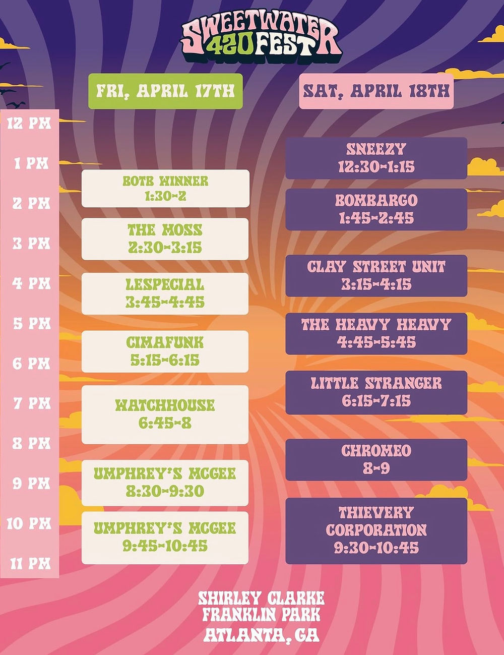 Sweetwater 420 Fest schedule with band names and times on April 17-18. Colorful background with waves and clouds. Venue: Atlanta, GA.