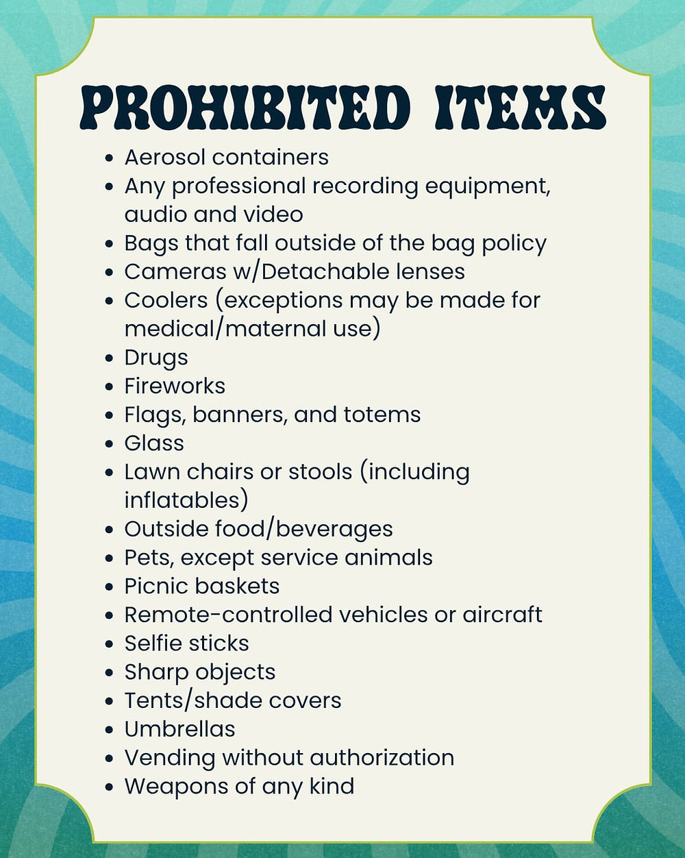 List of prohibited items, such as aerosol containers, fireworks, and umbrellas, on a green and blue patterned background.
