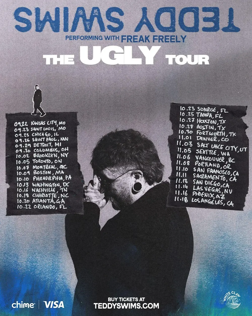 A person with tattoos and earrings poses pensively. Blue-gray backdrop with The Ugly Tour dates. Text includes "TEDDY SWIMS" and ticket info.