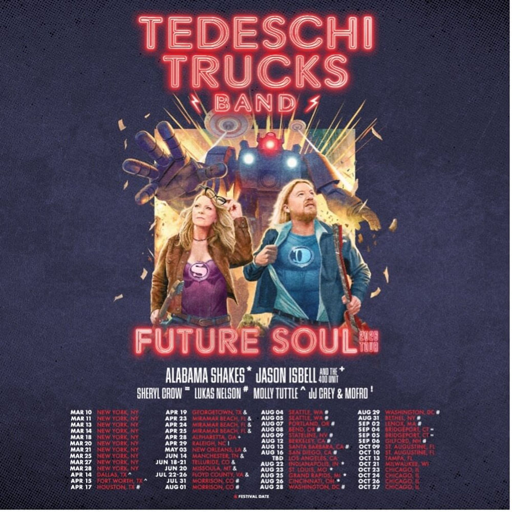 Tedeschi Trucks Band tour poster shows two people in superhero attire, backed by a robot. Bold text: Future Soul. Tour dates listed.