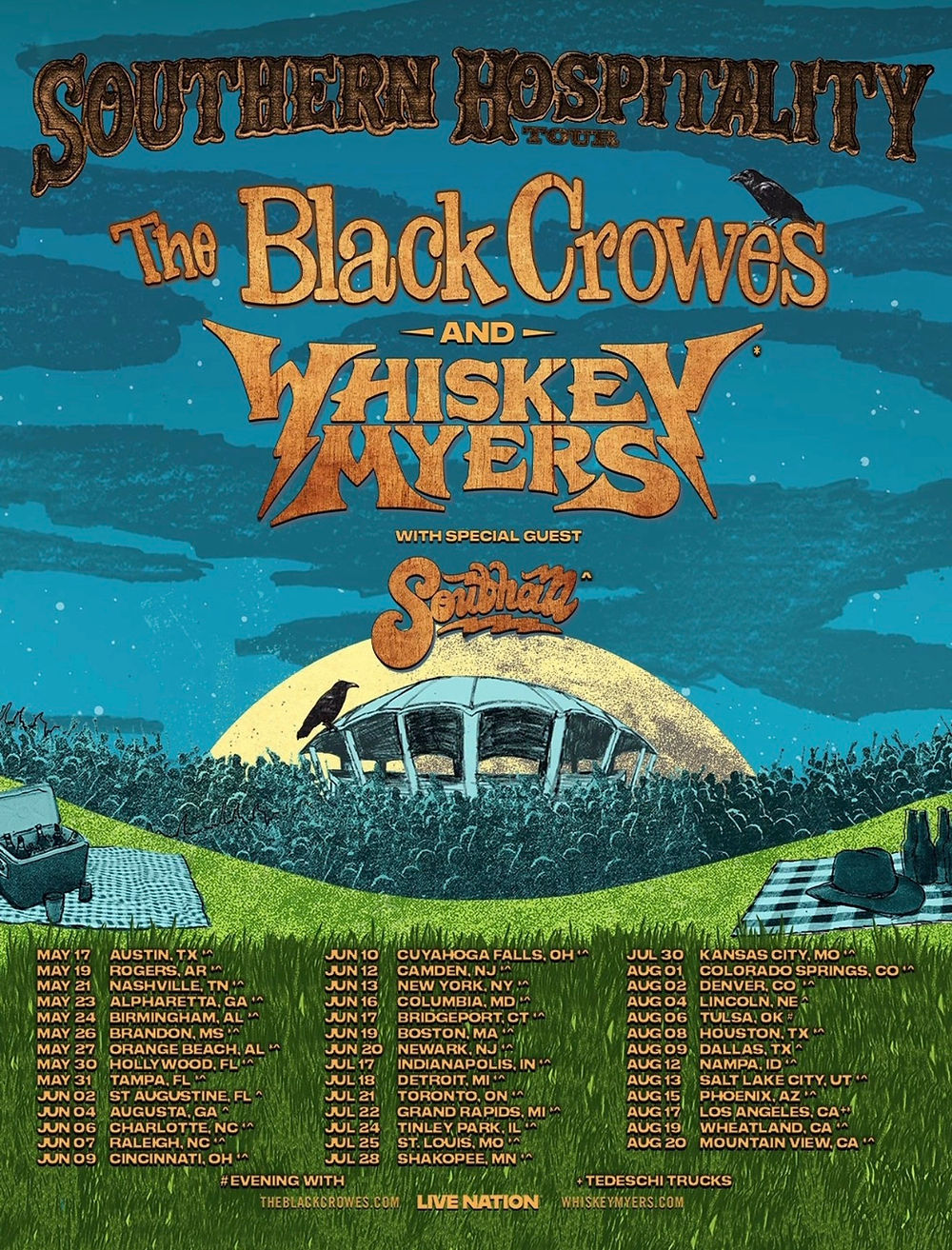 Concert poster for "Southern Hospitality" tour by The Black Crowes and Whiskey Myers, featuring a stage, audience, and tour dates.