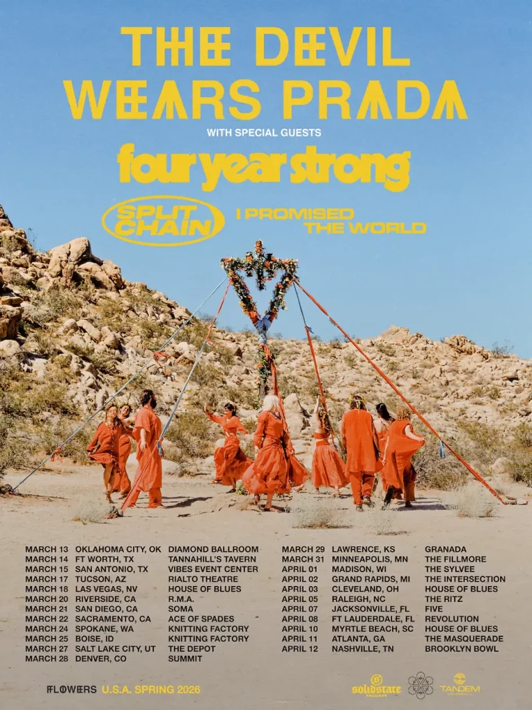 Get the full list of tour dates for The Devil Wears Prada’s 2026 U.S. tour. Find cities, venues, tour overview, and ticket info for the band known for their energetic metalcore performances.