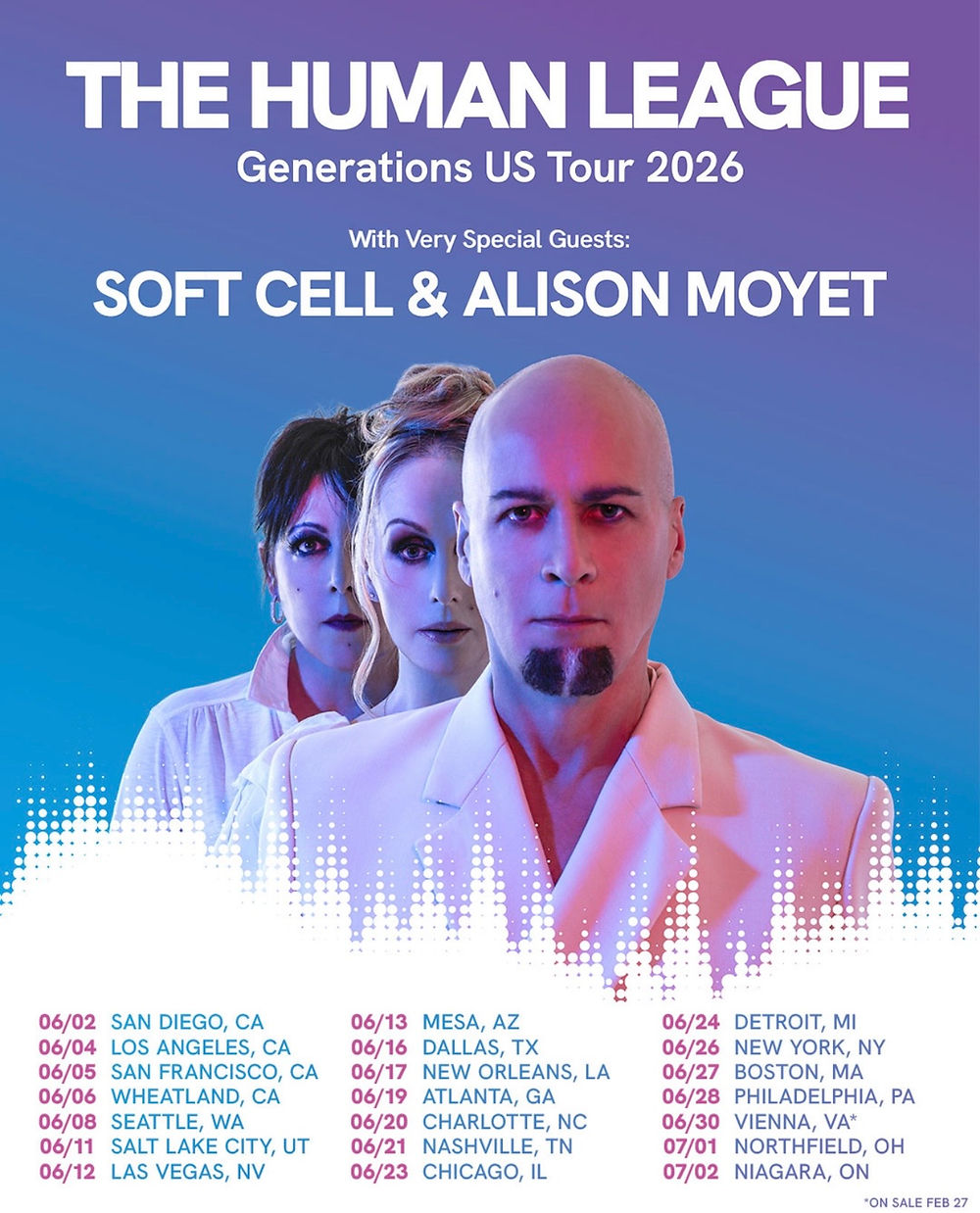 The poster shows three people in front of a gradient backdrop. Text: "The Human League Generations US Tour 2026" with tour dates listed below.