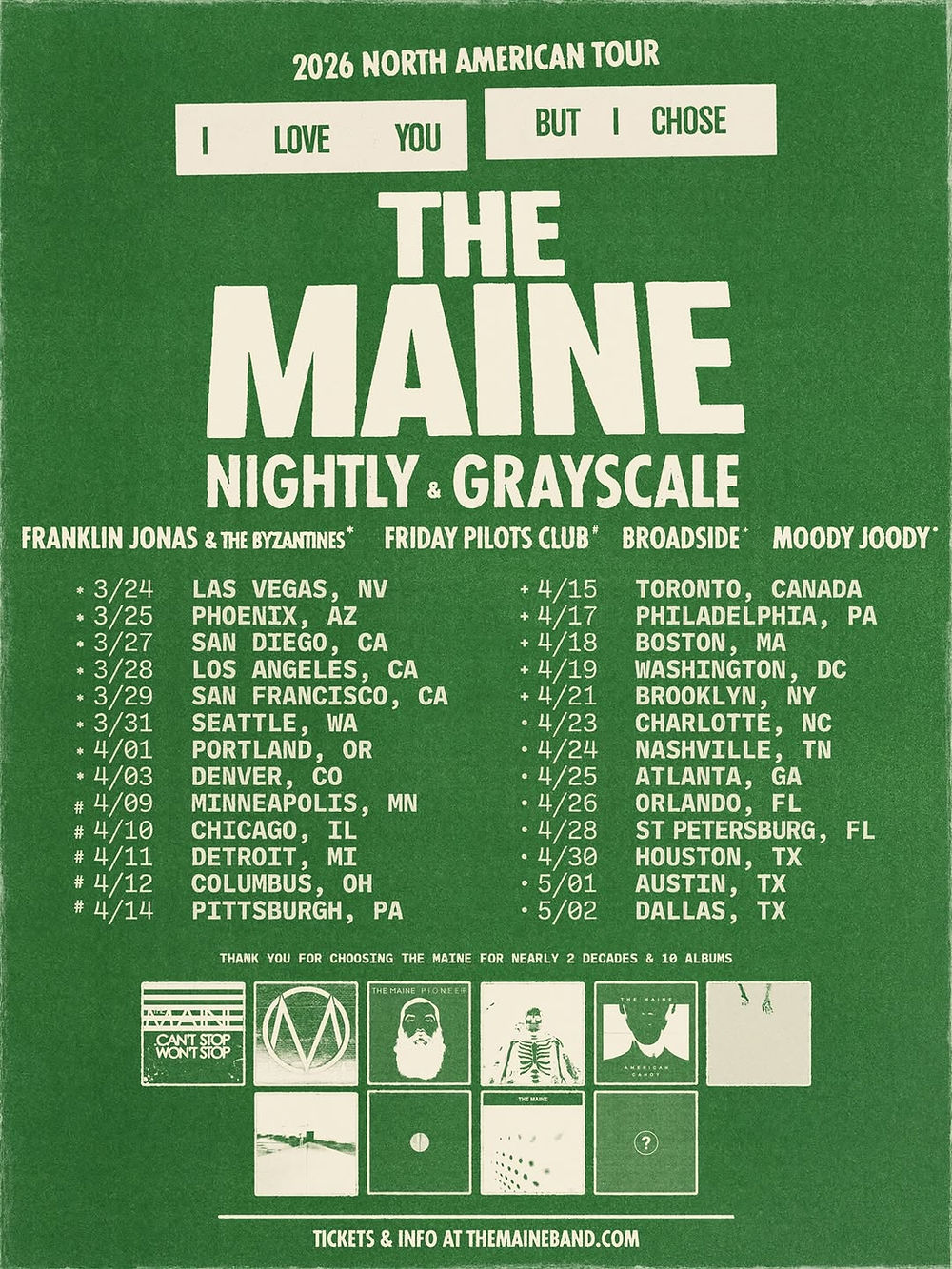 Green tour poster for The Maine's 2026 North American Tour, featuring show dates and cities. Includes bands Nightly and Grayscale.