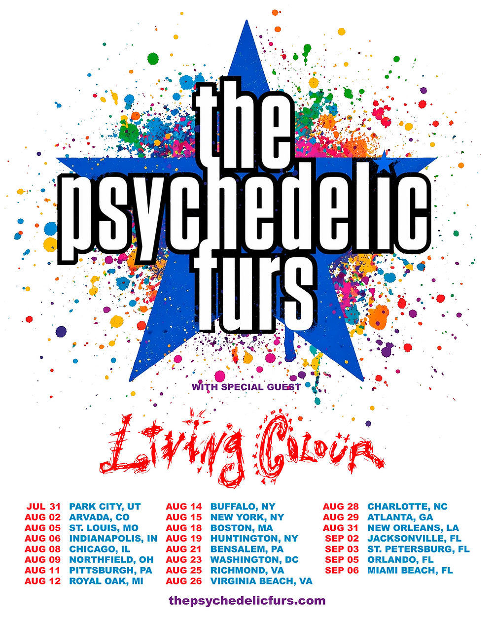 Concert poster with a blue star and colorful splatters. Text: The Psychedelic Furs, Living Colour. Tour dates listed below.