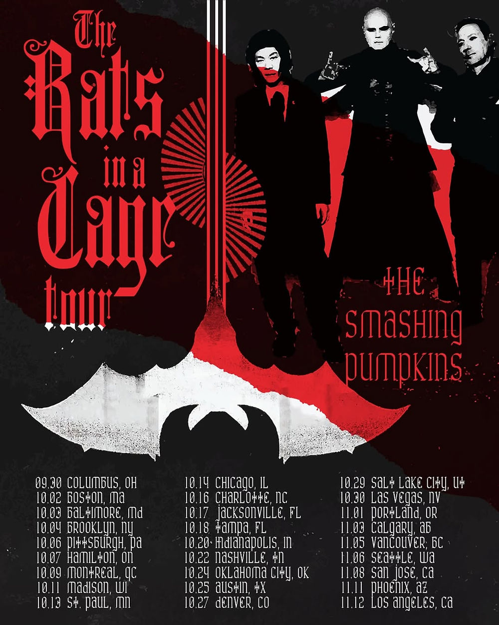 Poster for "The Bats in a Cage Tour" by The Smashing Pumpkins featuring stylized images of three people, red and black theme, tour dates listed.