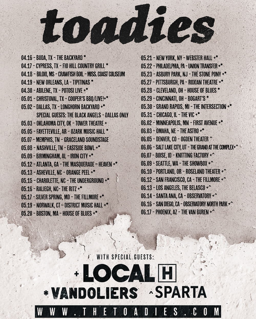 Tour poster for Toadies listing concert dates from 04.16 to 06.17 in various U.S. cities. Special guests include Local H, Vandoliers, Sparta.