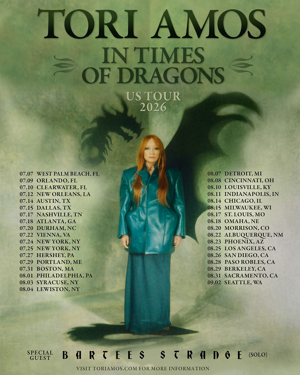 Woman in teal outfit stands against a green dragon shadow, promoting "Tori Amos: In Times of Dragons" US Tour 2026. Tour dates listed.
