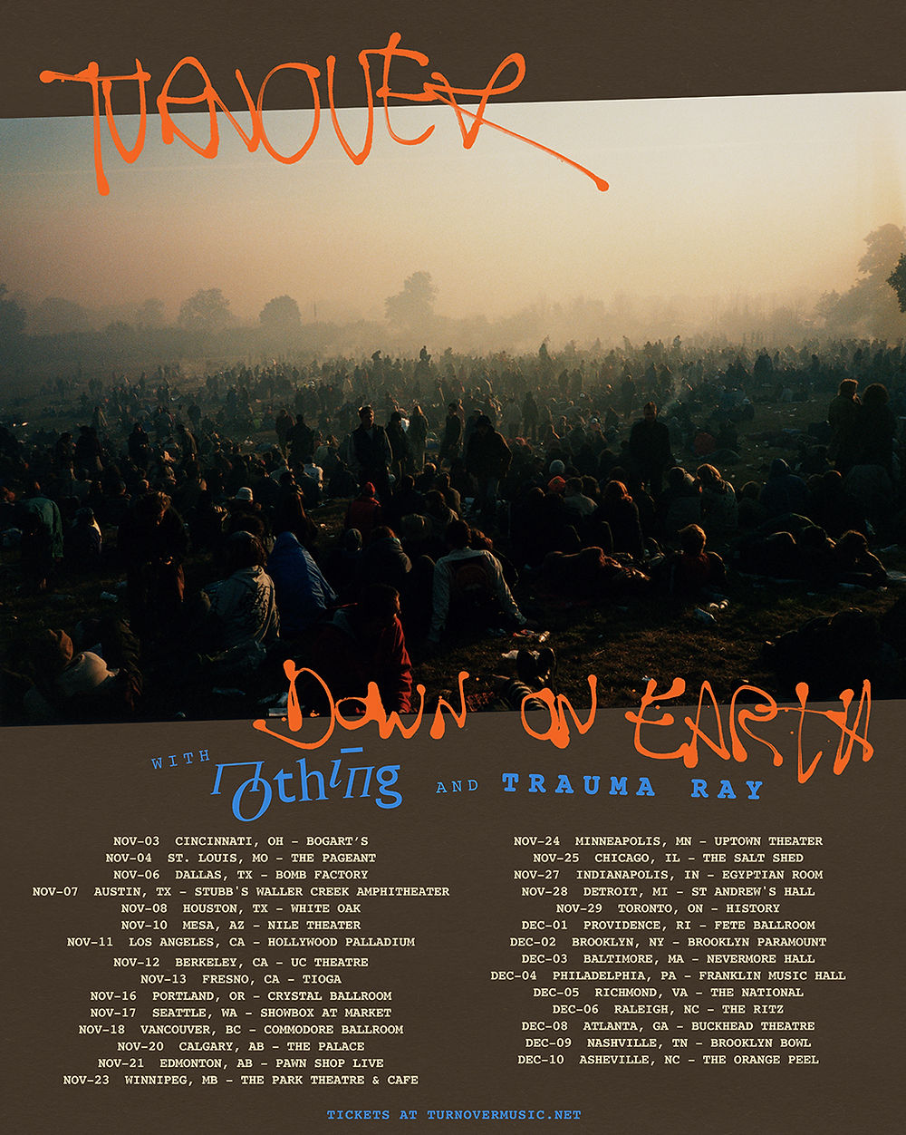 Tour poster for Turnover’s Down On Earth Tour, featuring Nothing and Trauma Ray, with an Atlanta date at Buckhead Theatre on Dec. 8, 2026.