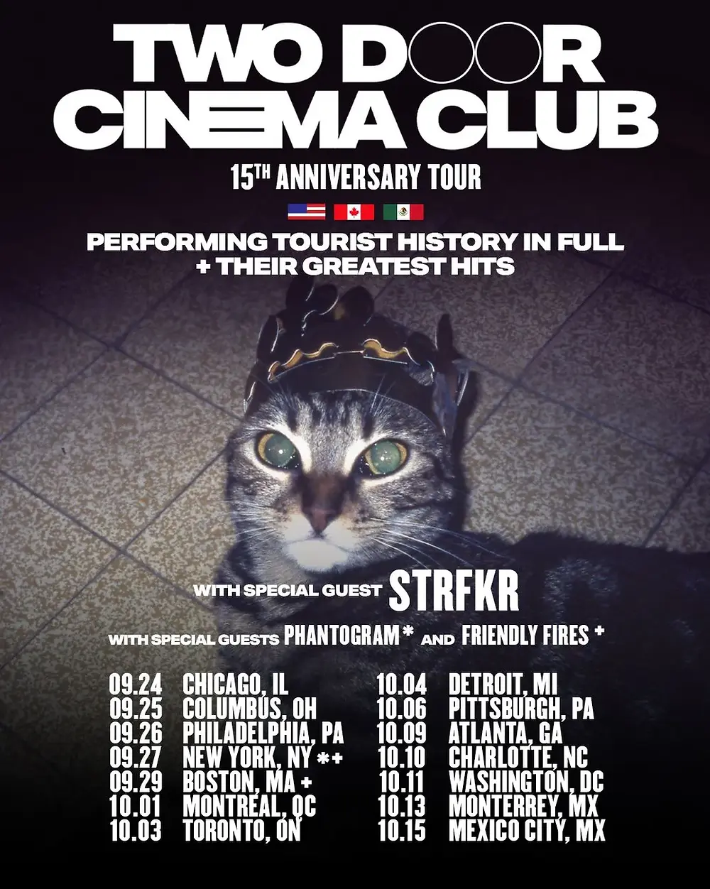 Two Door Cinema Club 15th Anniversary Tour poster. Text lists dates/locations. Background shows a cat wearing a crown on a tiled floor.