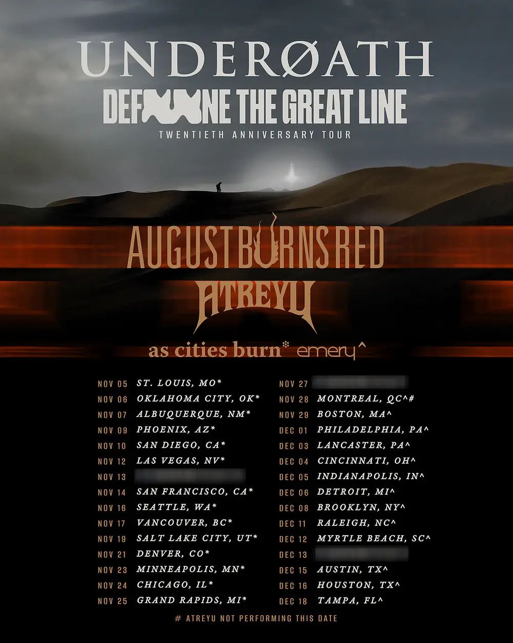 Tour poster for Underoath’s Define The Great Line Twentieth Anniversary Tour, featuring August Burns Red, Atreyu, As Cities Burn, and Emery on select dates.